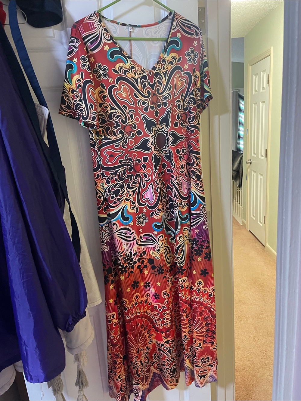 Vibrant Red Paisley V-Neck Maxi Dress